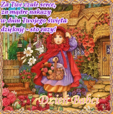Czerwony kapturek z życzeniami na dzień babci